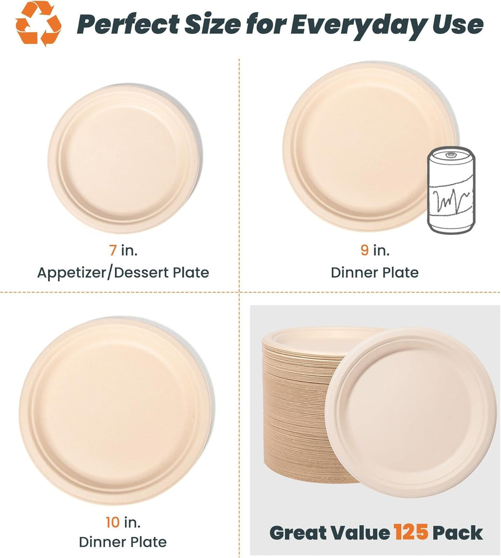 100% Compostable Plates - 125-Count Heavy Duty, Biodegradable Bagasse Plates - Eco Friendly and Sustainable (Natural, 10 inch)