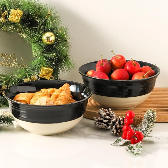 HASENSE Large Porcelain Serving Bowls Set of 2, 60 Oz 8.5 Inch Black & Beige - Image 6