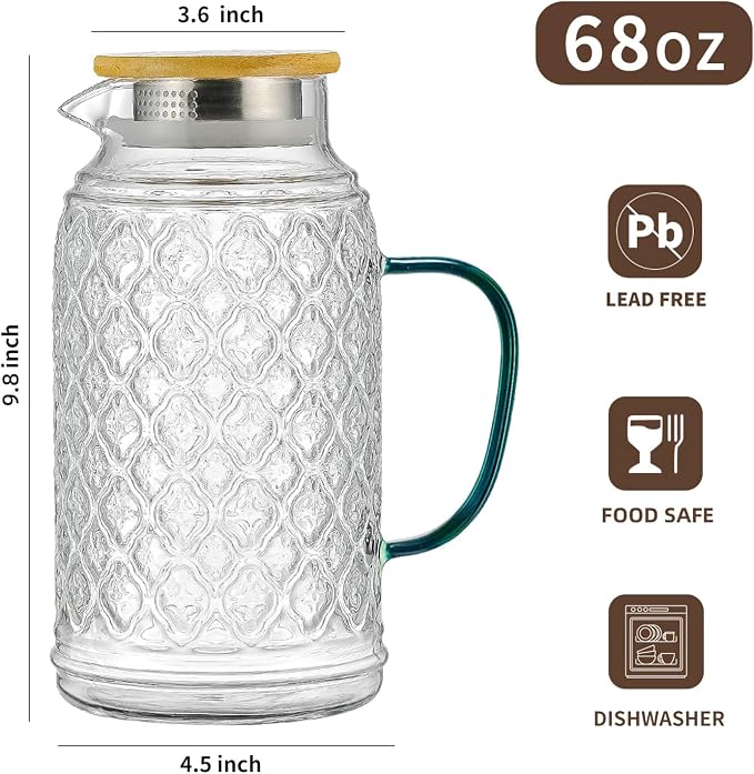 Buaic Glass Pitcher with Lid, 2 PACK 68 oz/2 Liter Vintage Water Pitcher With - Image 2