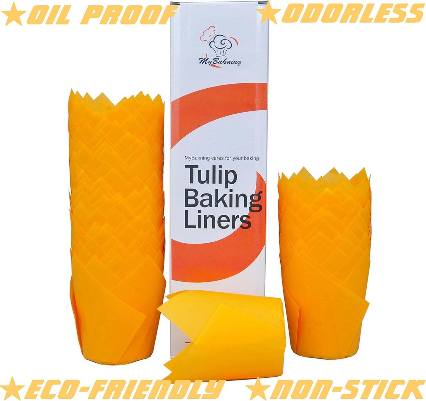 Orange color Large size Tulip Baking Cups 2-1/4"(Base diameter) x 4"(Wall height) Parchment paper baking cupcake Muffin liners, Case of 130 pcs