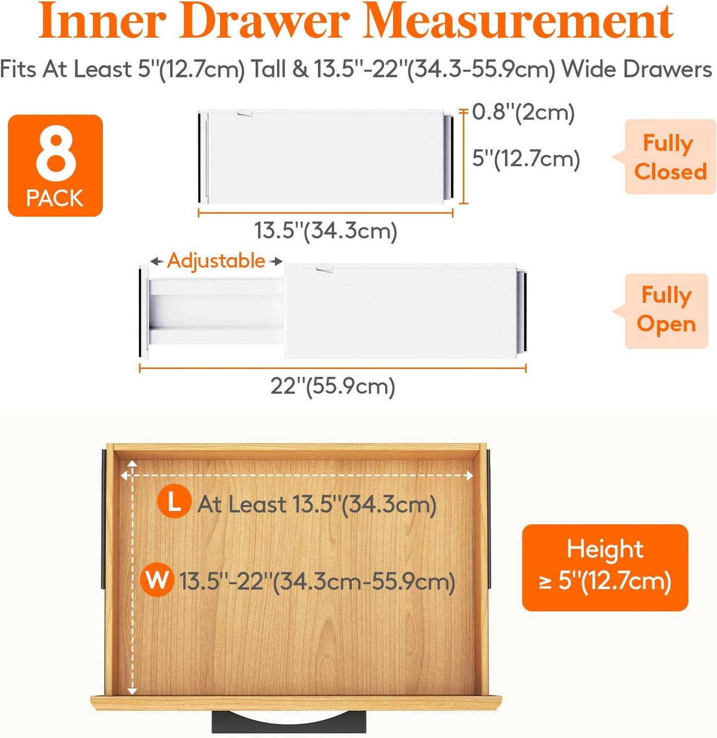 Lifewit 8 Pack Drawer Dividers 5" High, 13.5-22" Adjustable Clothes Organizers, Expandable Dresser Separators in Bedroom/Bathroom/Kitchen/Office