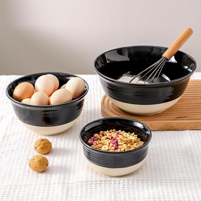 HASENSE Ceramic Mixing Bowls Set of 3, 84/40/20 Oz Black & Beige Stoneware Bowls - Image 6