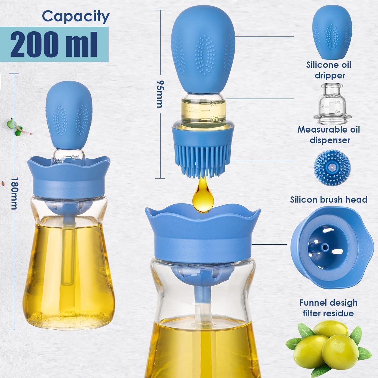 Oil Dispenser with Brush-2Pack 7oz/200ML 2 IN 1 Glass Cooking Oil Dispenser Bottle with Silicone Basting Brush for Kitchen, Oil Storage and Container for Cooking BBQ, Vinegar, Sauce, Air Fryer- Blue