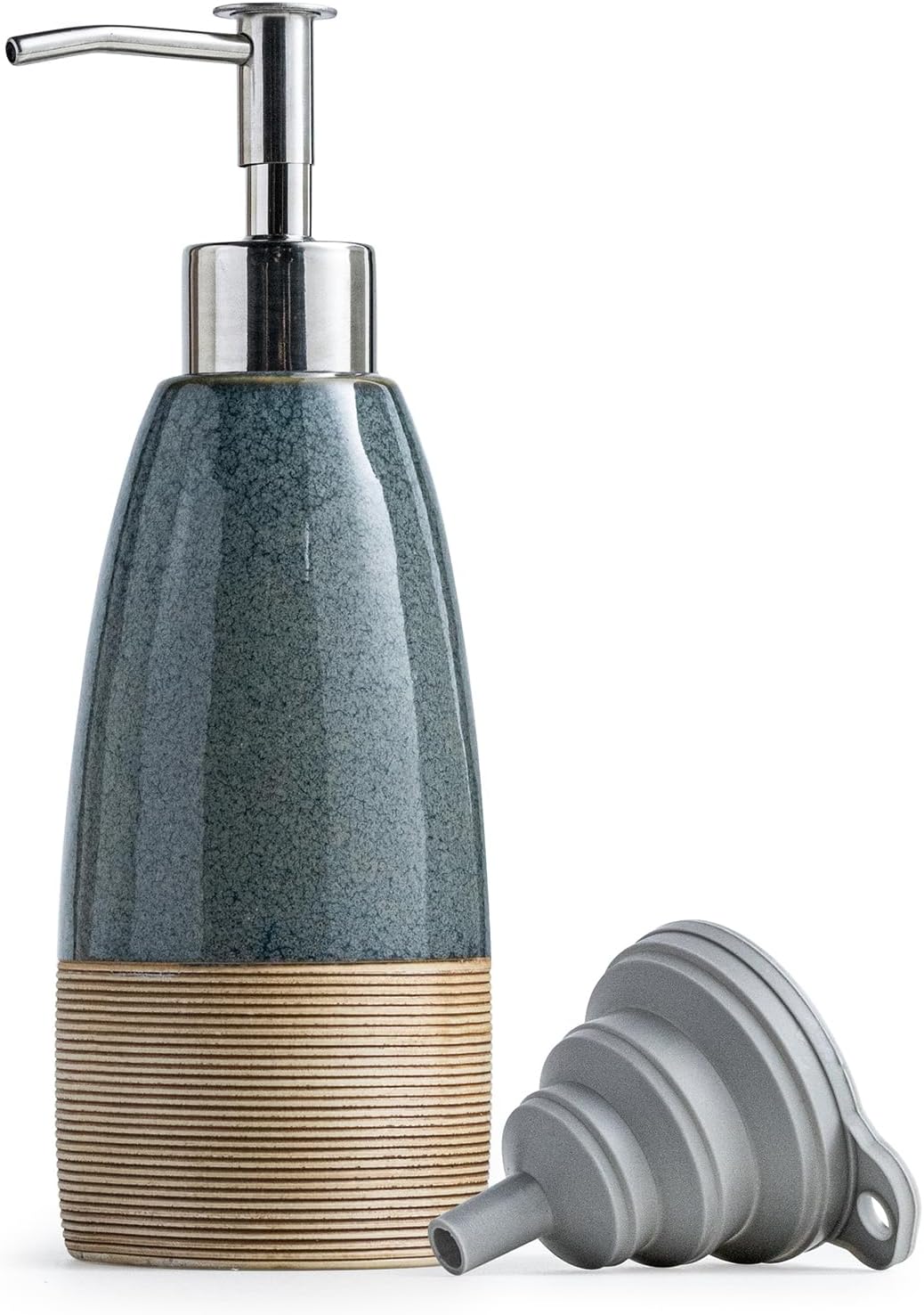 12 oz Dish Soap Dispenser with 2 Pumps, Ceramic Hand Soap Bottle for Shampoo, Body Wash, Lotion, Liquid Dispenser for Kitchen Countertop with Silicone Funnel, Blue