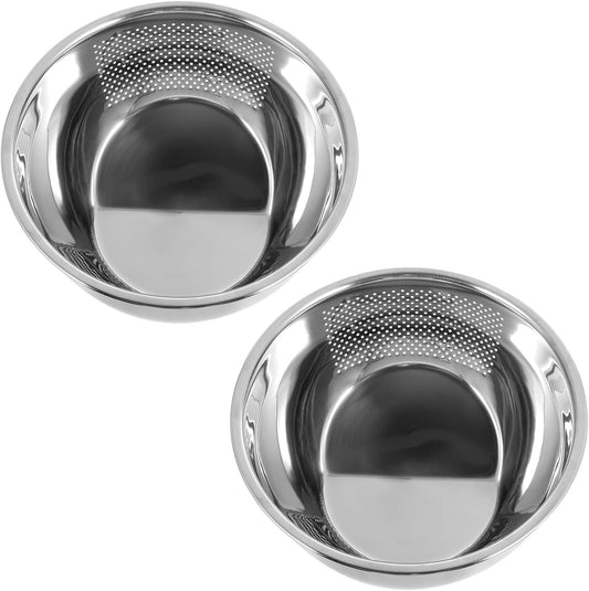 2PCS Rice Washer Strainer Bowl with Side Drainers Stainless Steel Rice Washing Bowl Multifunctional Colander for Cleaning Rinsing Fruits Vegetables Beans Silver