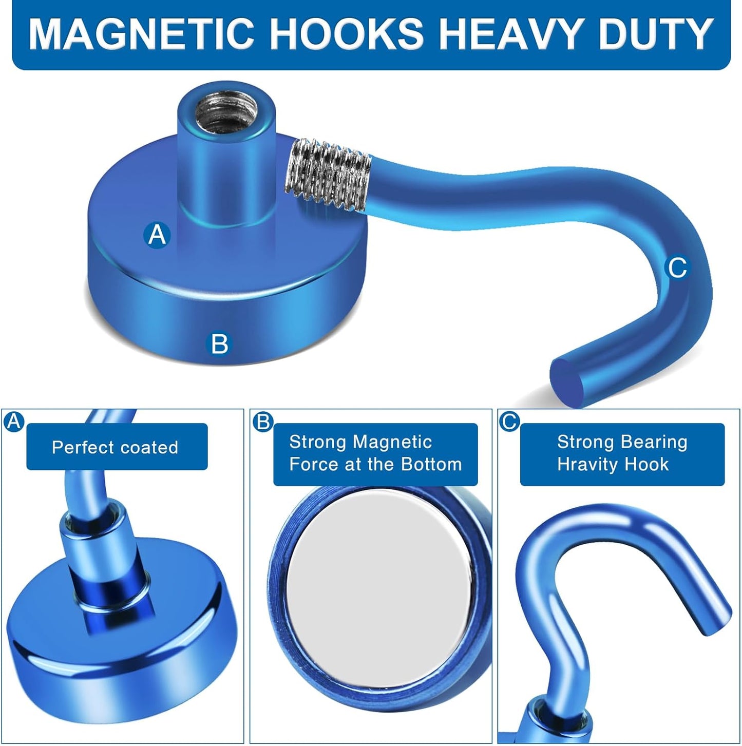 LOVIMAG Magnetic Hooks Heavy Duty, 150LBS Strong Magnets with Hooks for Cruise Cabins, Neodymium Magnet Hooks for Hanging, Blue Magnetic Hooks for Kitchen, Tool Room, Grill- 4 Pcs