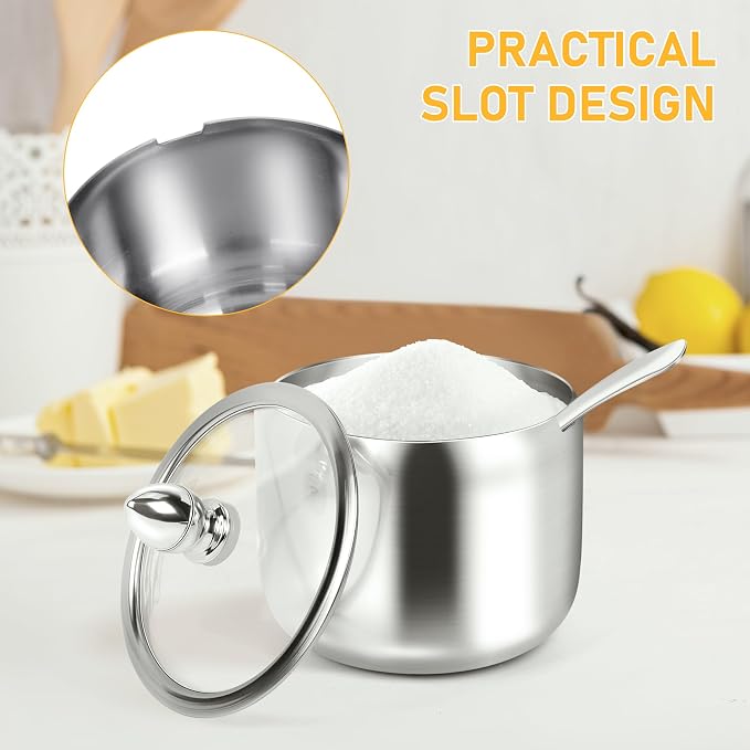 holoith Sugar Container with Glass Lid and Spoon - 10oz Stainless Steel Sugar - Image 5