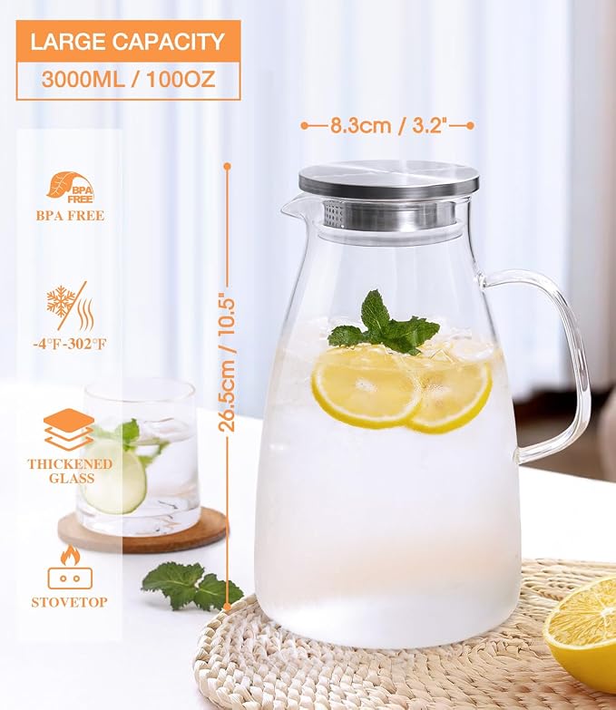 Glass Pitcher with Lid, 3 Liter 100oz Water Pitcher with Handle and Spout - Image 3