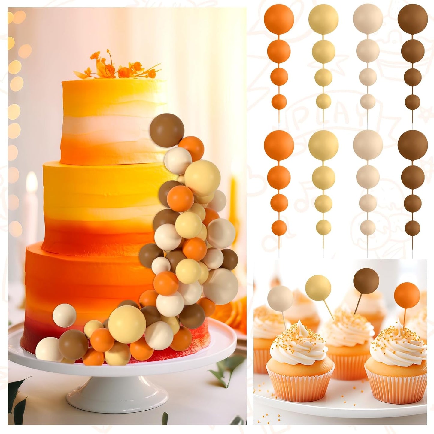 48 Pcs Balls Cake Topper Decorations Balloon Cupcake Toppers Foam Cake Topper Balls Cake Balls Decorations for Birthday Party Wedding Cake Decorating (Orange, Yellow, Apricot, Khaki)