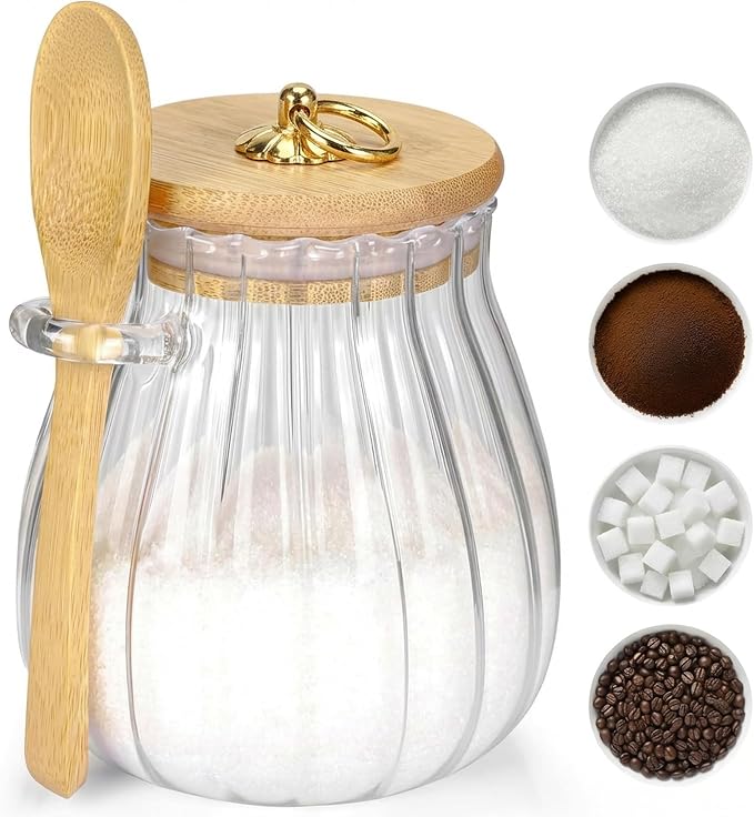 holoith Sugar Container with Bamboo Lid and Spoon, 15 oz Sugar Bowl Glass Jar by Holoith