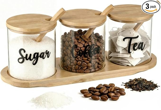 LemonRoad 3 Pack Coffee Sugar Tea Container Set Glass Jars by Unknown