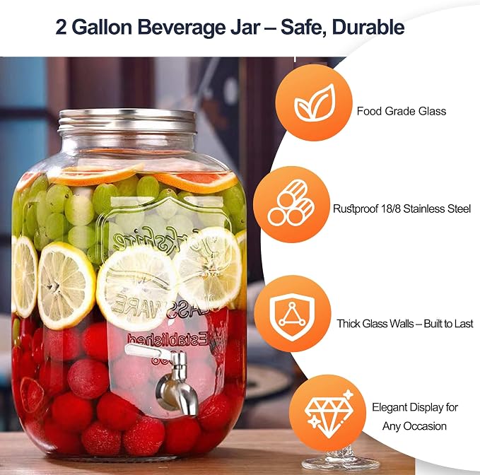 2 Gallon Drink Dispensers for Parties, 2 Pack Glass Beverage Dispenser - Image 3
