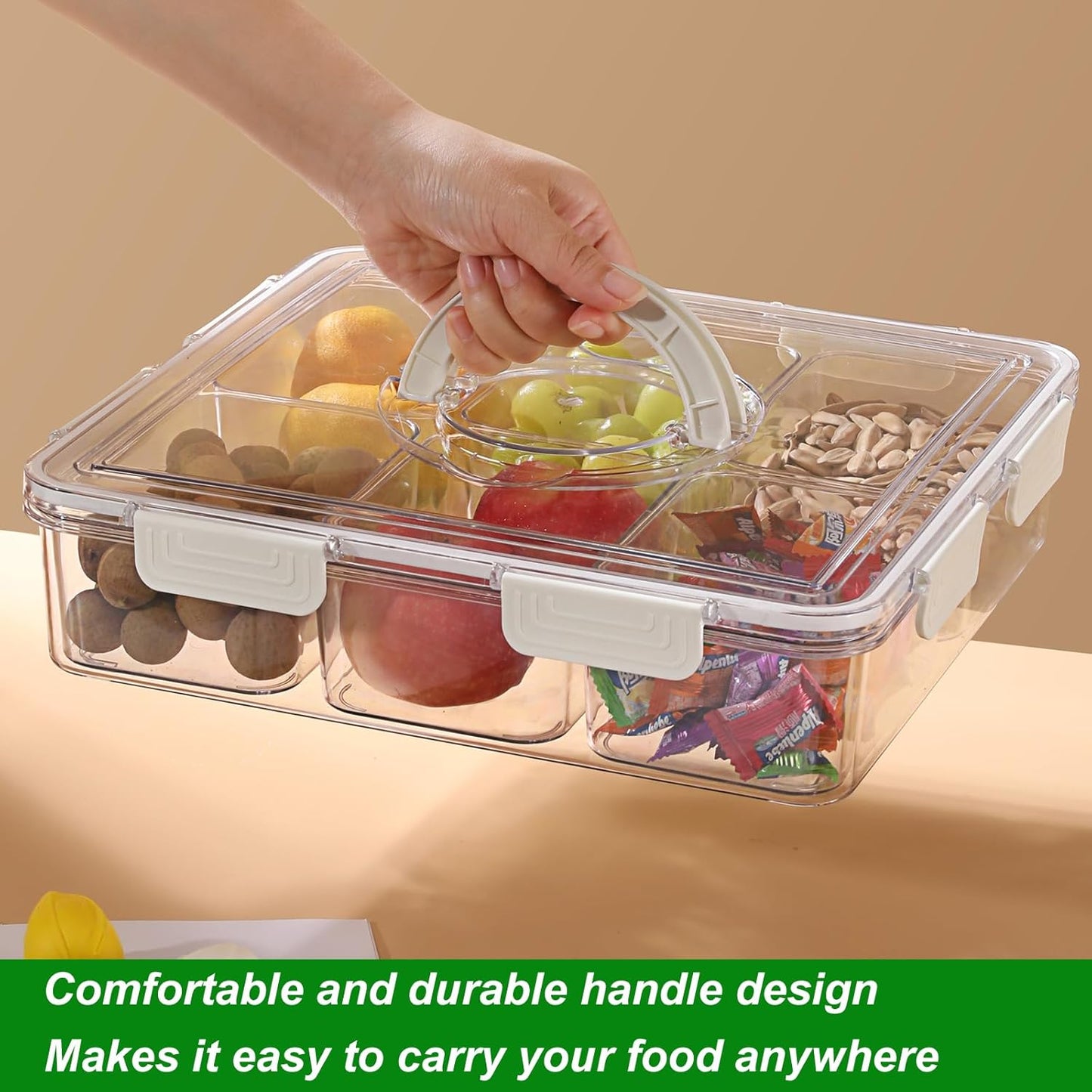 Taiuloo Divided Serving Tray with Lid & Handle, Airtight 6 Compartment Snackle Box Charcuterie Container, Fridge Organizer Bins, Food Storage Container Veggie Tray for Snack, Fruit, Candy, Nuts