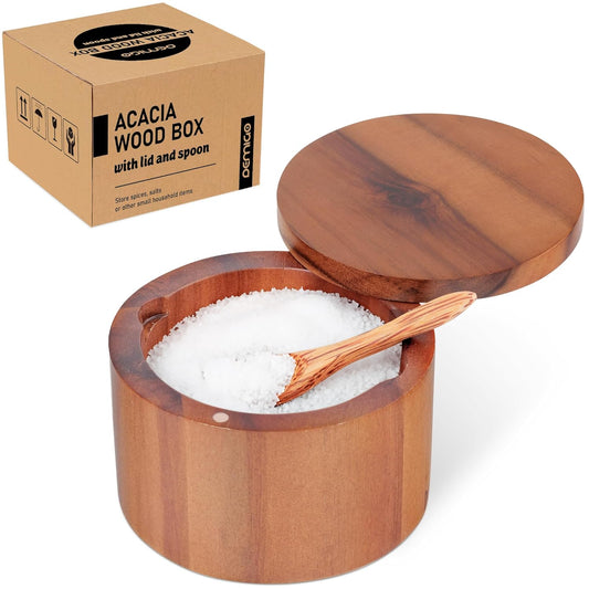 9-ounce Salt Cellar with Spoon and Swivel Lid, Acacia Wood Salt & Spice Box, Salt Keeper, Wood Jar for Kitchen, Perfect for Storing Table Salt, Gourmet Salts, Herbs, or Your Favorite Seasonings