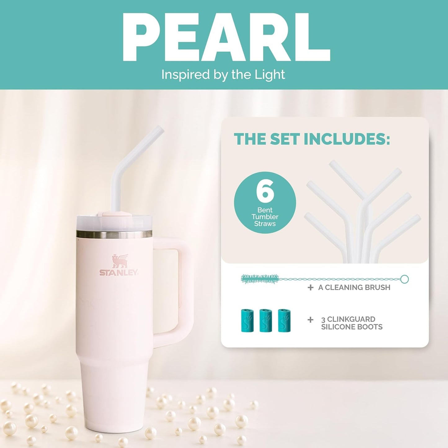 Simply Straws 12 Inch Glass Straws Bent (6-Pack) – Reusable Glass Straws for Stanley 40 Oz Tumbler, with Cleaning Brush – Durable, Dishwasher Safe, Hot & Cold Use, BPA-Free (Pearl)