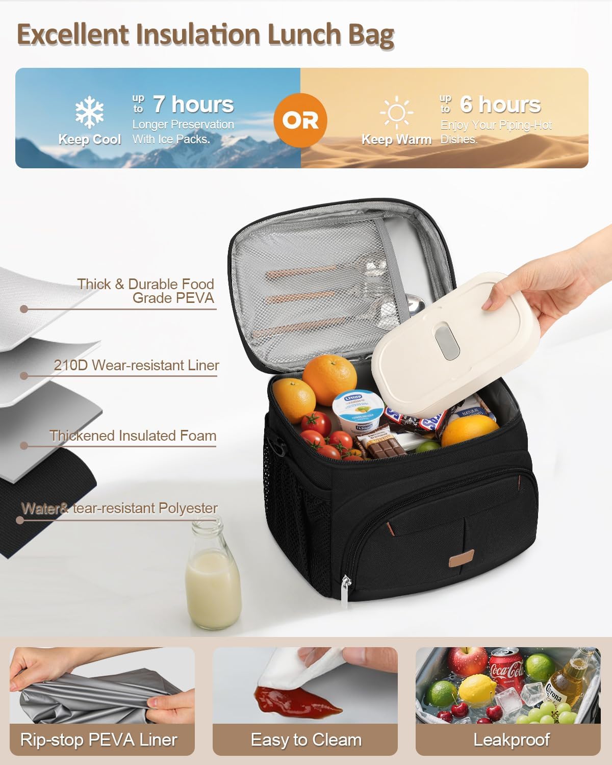 Lunch Box for Man Women, Insulated Lunch Bag Cooler Bag Leakproof Lunchbox Lunch Tote Bags with Removable Strap for Work School Picnic Travel (Black/12L