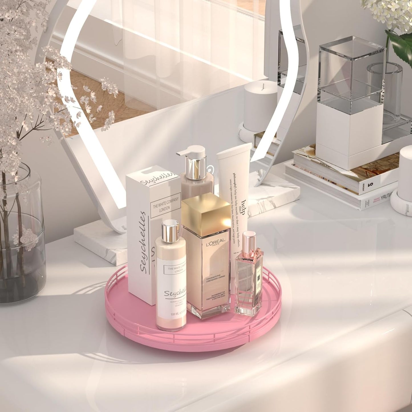 10" Oak Wood Bathroom Tray for Counter, Vanity Tray for Perfume Lotion Candle Makeup Jewelry Sink Soap Holder Turntable Dresser Organizer Countertop Coffee Table Decor Organization and Storage Pink