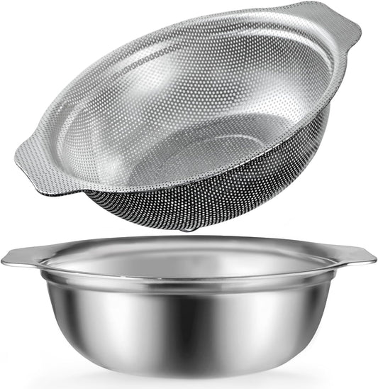 Stainless Steel Colander, 4.5QT Large Capacity with Mixing Bowl, Rice Washing Bowl with Strainer for Washing Vegetables, Fruit, Spaghetti, Pasta Strainer, Dishwasher Safe(2PC)
