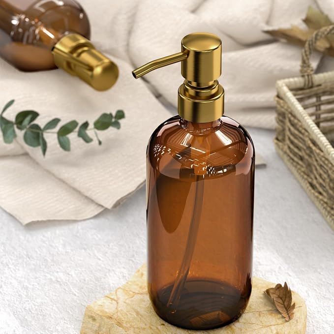 AmazerBath Amber Glass Soap Dispenser, 2 Pack Vintage Brown Bottle - Image 2