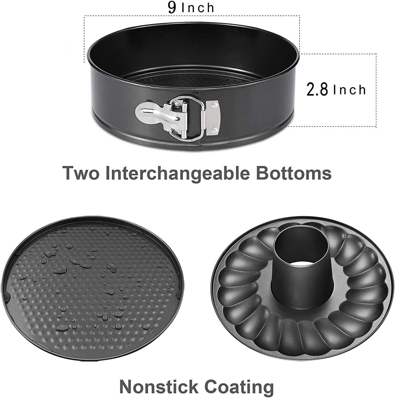 Gray 9 Inch Springform Bundt Pan, Heavy Duty Cheesecake & Ice-Cream Cake Pan with Removable Bottom and Quick-Release Latch