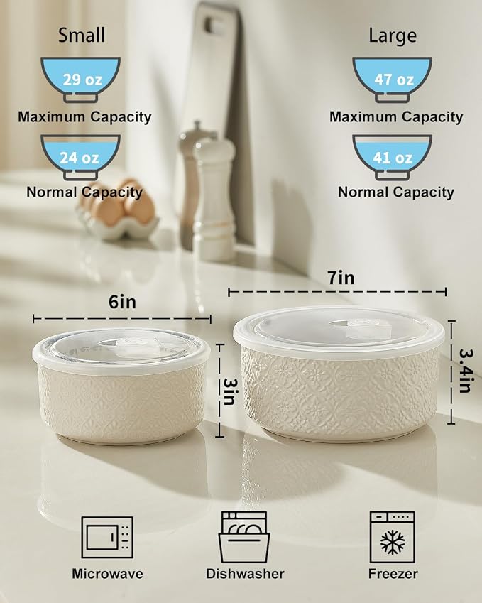 Metahom Ceramic Bowls with Lids Set of 2, Nesting Bowls - Image 2