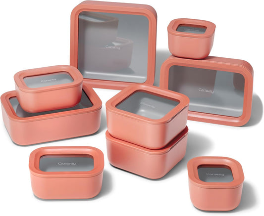 Caraway 25pc Glass Food Storage Set - Glass Storage Containers for Food - Non-Toxic Ceramic-Coated Glass - Air Release Technology - Compact & Stackable Design - Perracotta