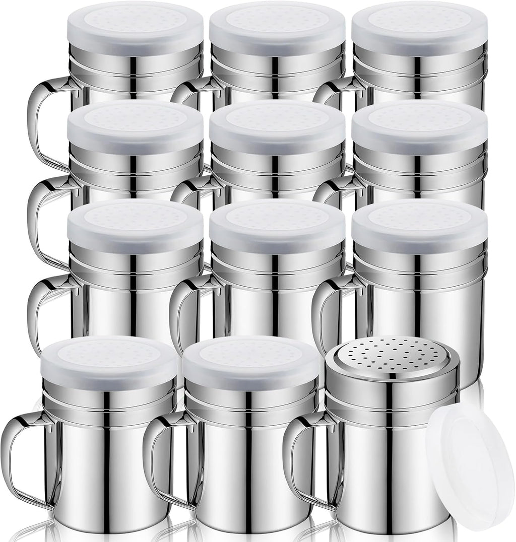 Lallisa 12 Pcs 10 oz Stainless Steel Spice Shakers with Holes and Lids Dredge Shakers with Handle Versatile Salt Shaker for Sugar Pepper Seasoning Flour Popcorn Cinnamon Powder Container Accessories