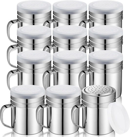 Lallisa 12 Pcs 10 oz Stainless Steel Spice Shakers with Holes and Lids Dredge Shakers with Handle Versatile Salt Shaker for Sugar Pepper Seasoning Flour Popcorn Cinnamon Powder Container Accessories