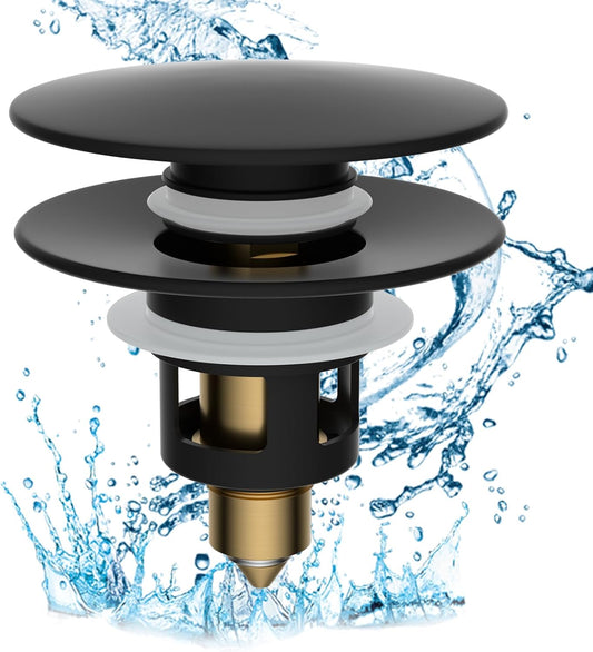 Hibbent All Metal 2 in 1 Bathroom Sink Stopper, Universal Pop Up Drain Strainer, Brass Bullet Core Push Type Sink Stopper for 1.1''~2.3'' Basin, Big Push Button, Anti Clogging Filter, Matte Black