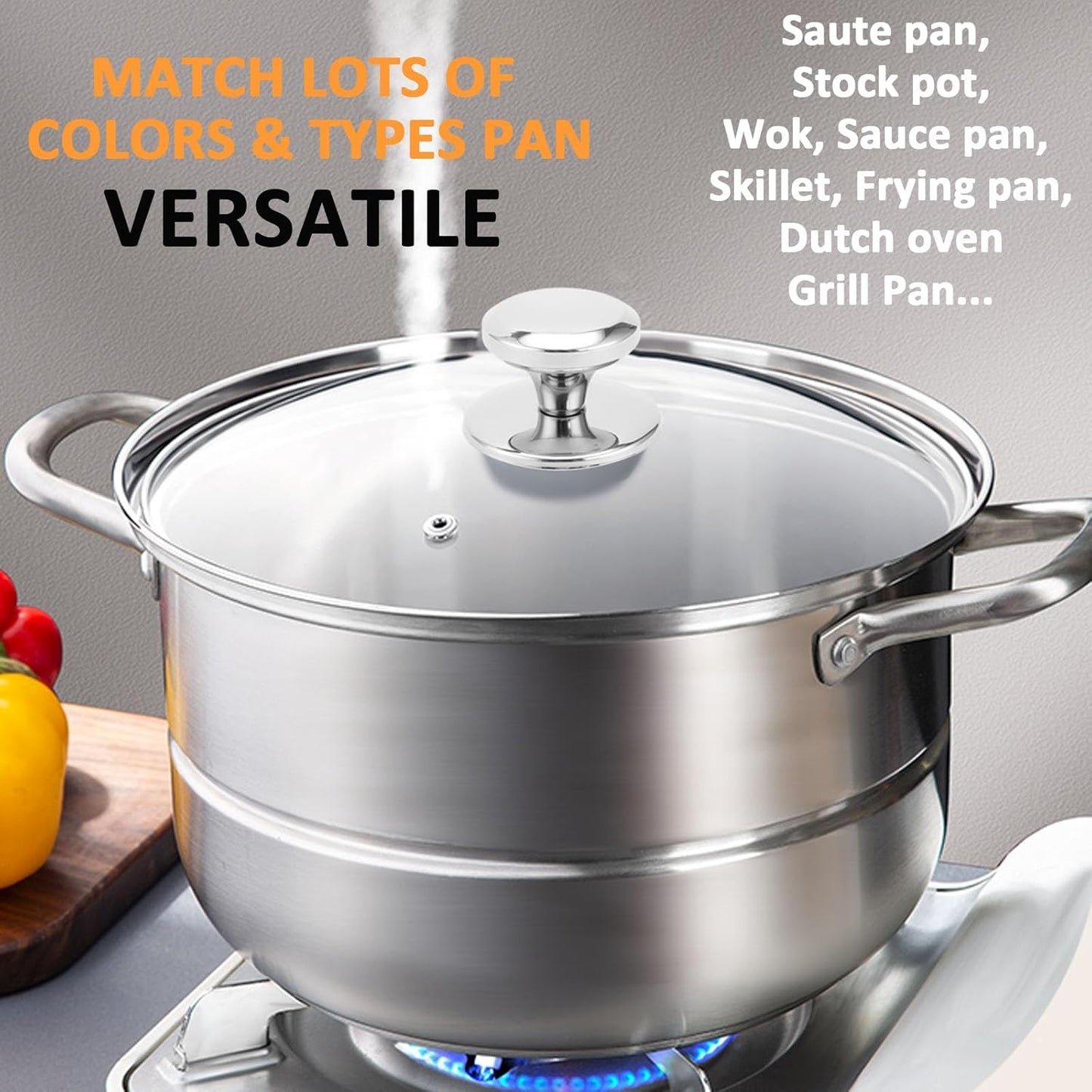 Glass Lid for 10.25 Inch Stainless Steel Cast Iron Skillets Frying Pans, 26cm Tempered Lids for Dutch Ovens, 10.25 In Pan Cover with Stainless Steel Rim for Stock Pots, Dishwasher Safe