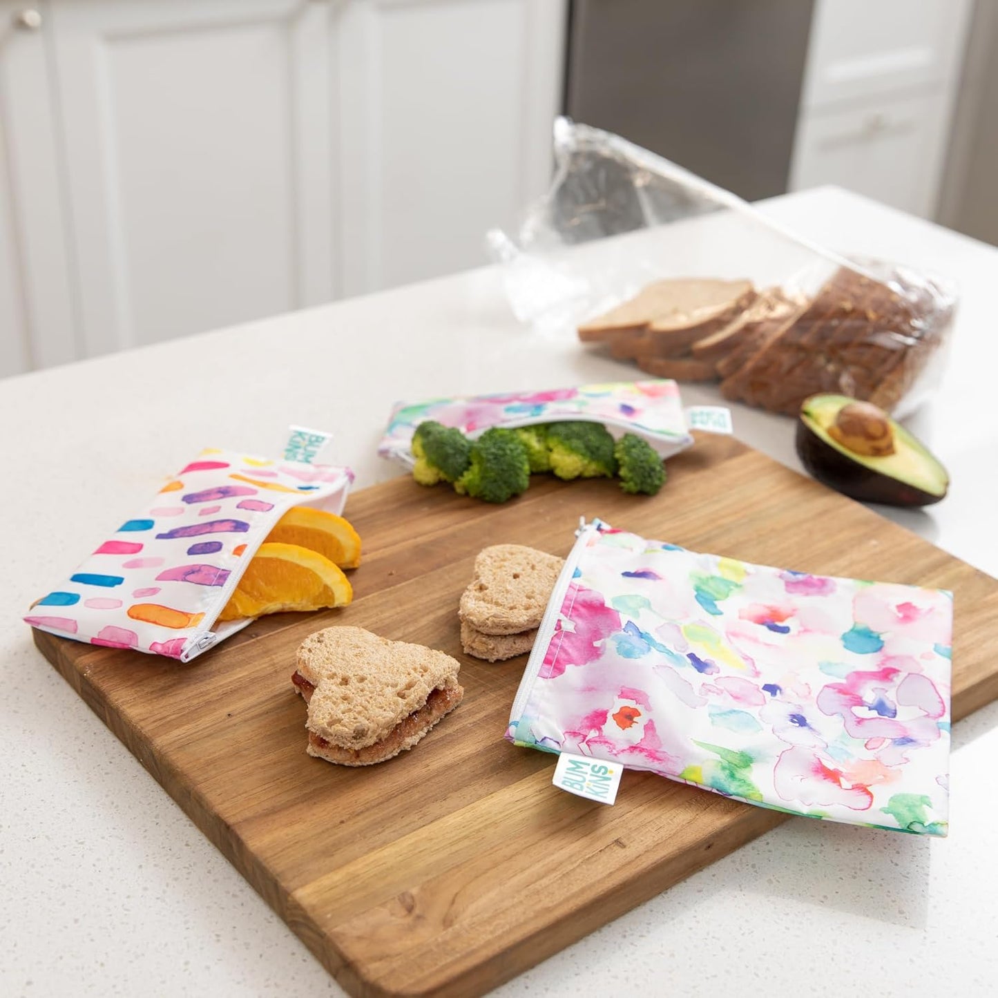 Bumkins - Cloth Snack & Sandwich Bags - For Storage, Travel, Food Prep, Lunch - Reusable, Water Resistant, Dishwasher Safe - Snack Bags for Kids - Zipper Closure - Watercolors & Brushstrokes - 4 Pack