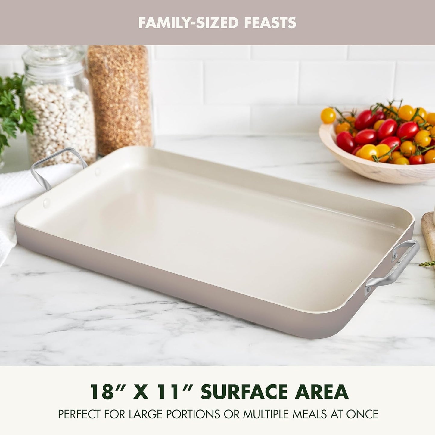 GreenPan 18" x 11" Double Burner Griddle Pan, Hard Anodized Healthy Ceramic Nonstick PFAS-Free, Stainless Steel Handles, Stovetop Cooking, Dishwasher Safe, Oven & Broiler Safe Cookware, Taupe