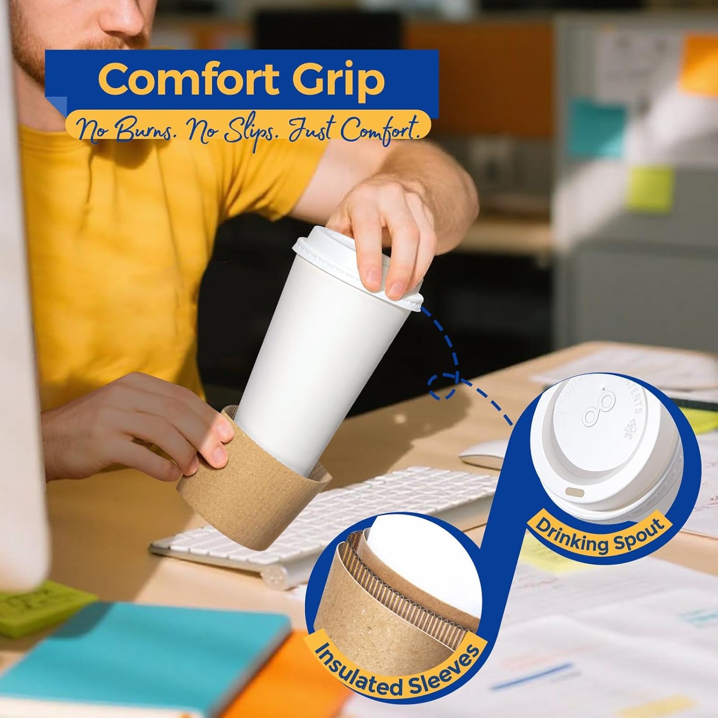 Fit Meal Prep 50 Pack 16 oz Disposable Coffee Cups with Lids, Sleeves, Leak-Proof To Go Coffee Cups with Lids, Durable Hot Paper Cups for Home, Office, Party, Business