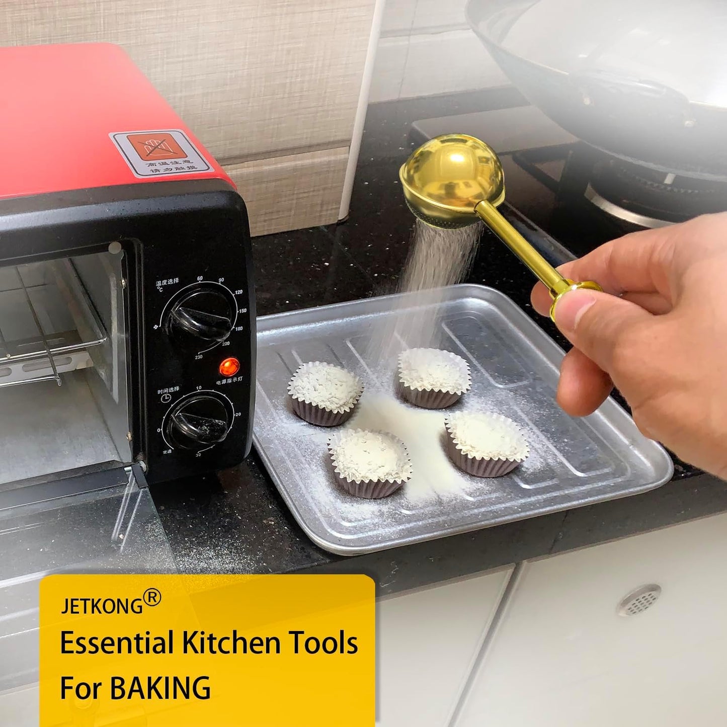 JETKONG Baker's Dusting Wand for Sugar, Flour and Spices, Stainless Steel Powdered Sugar Shaker Duster Sifter, Set of 2 (Gold)