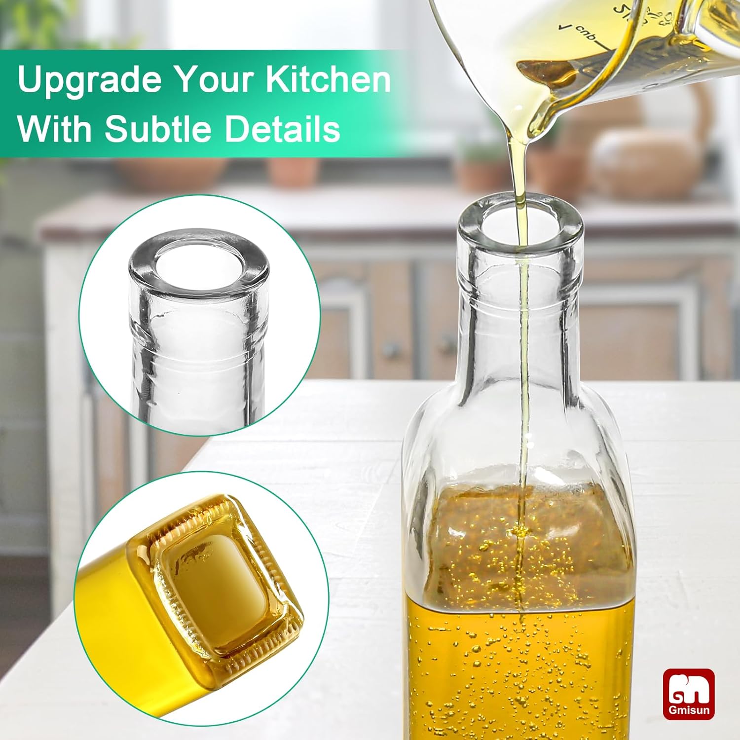 GMISUN Olive Oil Dispenser for Kitchen 4 Pack, Glass Oil Dispenser Bottle 17 fl oz, Cooking Soy Sauce Bottle Container Cruet with Plastic Pourer Spout, Funnel and Labels, Clear