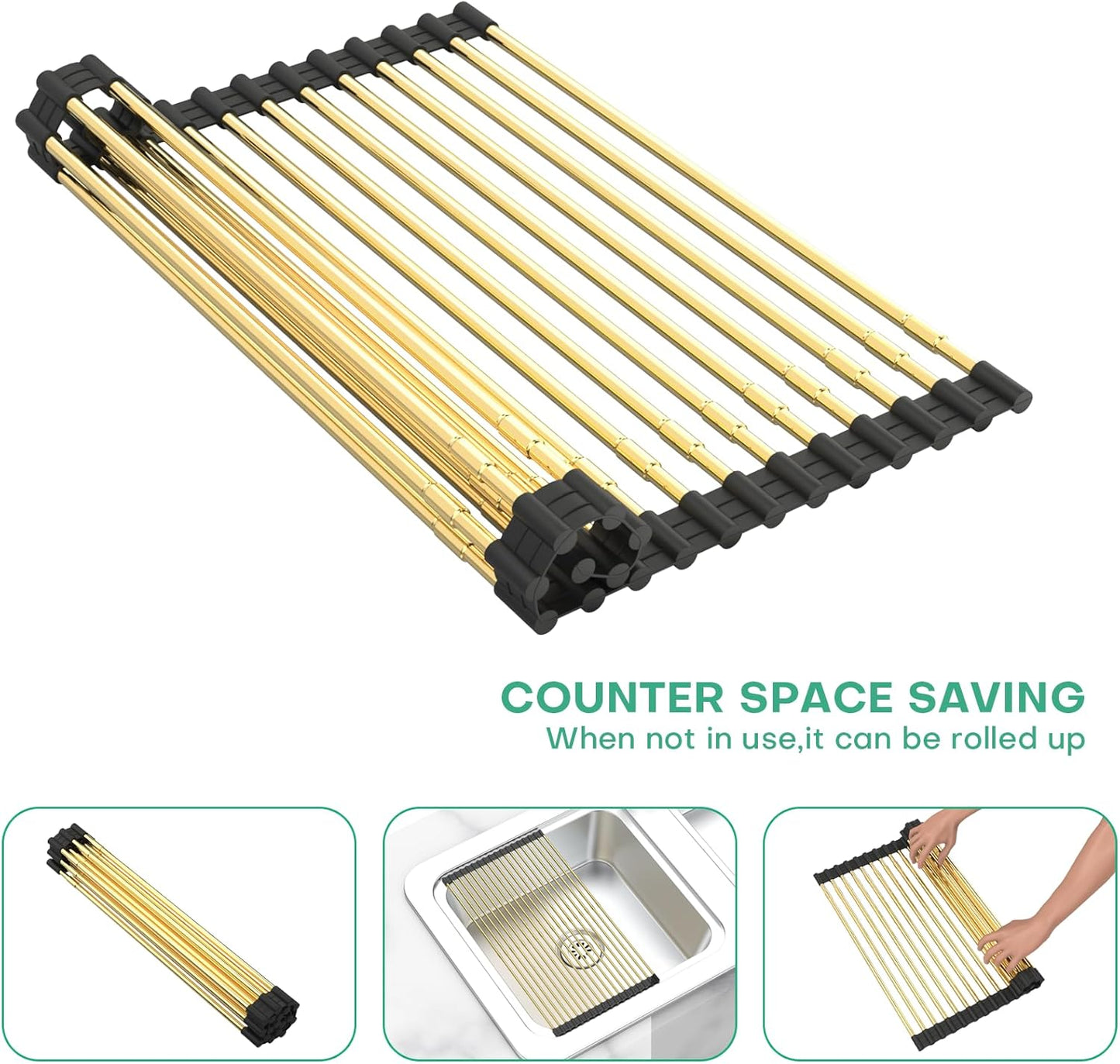 Expandable Large Draining Rack, Roll Up Heat-Resistant Dish Drainer for Stainless Steel Sinks, Collapsible Over The Sink Rack Non-Slip Silicone Rolling Up Rack Gold 18 Tube