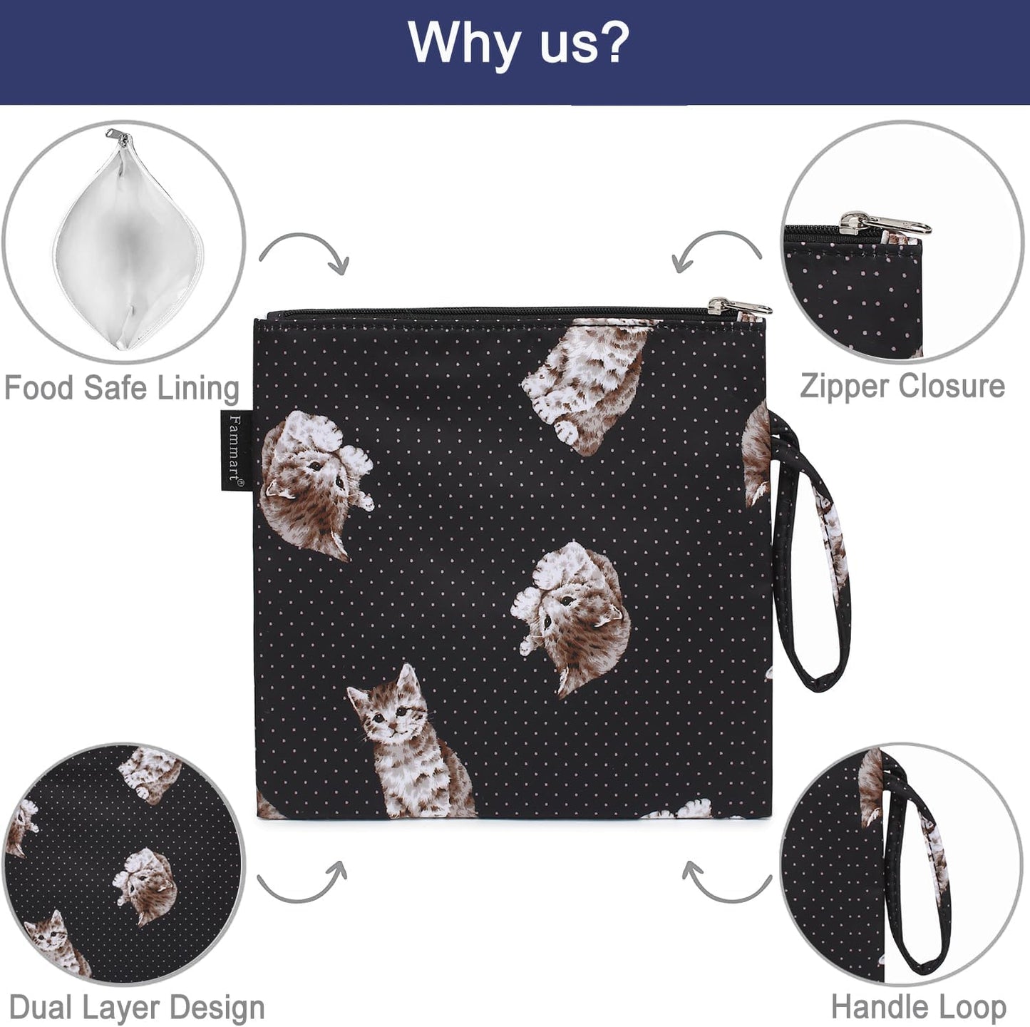 Reusable Sandwich Bag/Snack Bag for Kids & Adults, Dual Layer Lunch Bag with Handle, Washable, Food Safe, BPA Free (1-Pack, Dot&Cat)