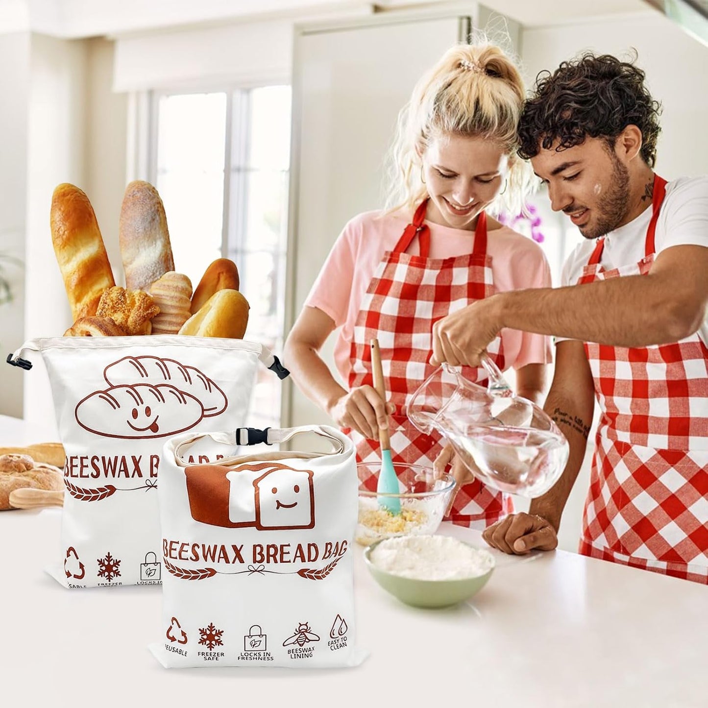 Beeswax Bead Bags, 2 Pack XL Reusable Bread Bags for Homemade Bread, Cute Design Linen Food Storage for Sourdough Homemade Loaf