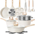 17 Pcs Pots and Pans Set Non stick，Cookware Sets White Granite Induction Cookware, Non-toxic Healthy Non Stick Kitchen Cooking Set with Frying Pans Set, Saucepans (PFAS, PFOA, PFOS Free) White