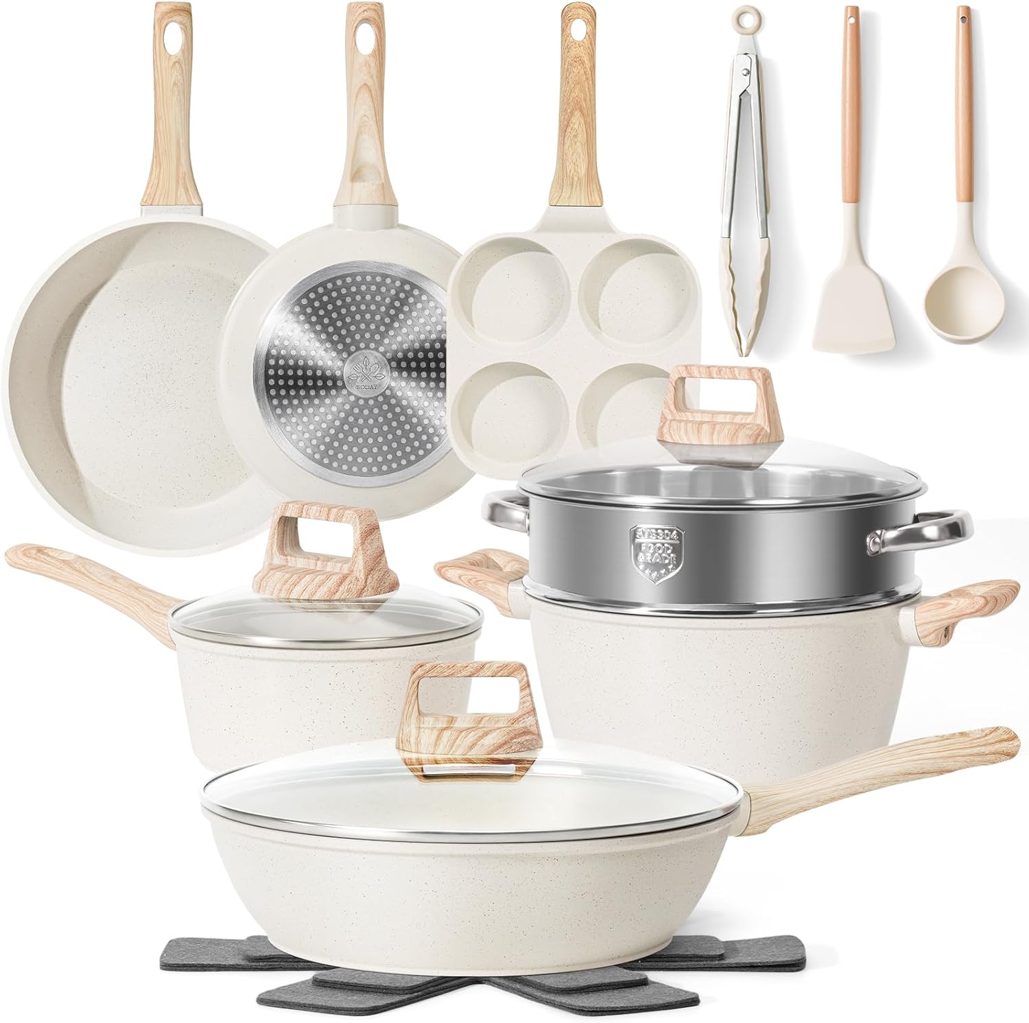 17 Pcs Pots and Pans Set Non stick，Cookware Sets White Granite Induction Cookware, Non-toxic Healthy Non Stick Kitchen Cooking Set with Frying Pans Set, Saucepans (PFAS, PFOA, PFOS Free) White