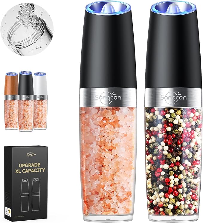 Sangcon Gravity Electric Salt and Pepper Grinder Set Shakers UPGRADED 9OZ XL by Sangcon