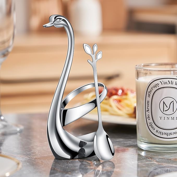 AnSaw Silver Small Coffee Spoon Holder Set, Swan Base - Image 7