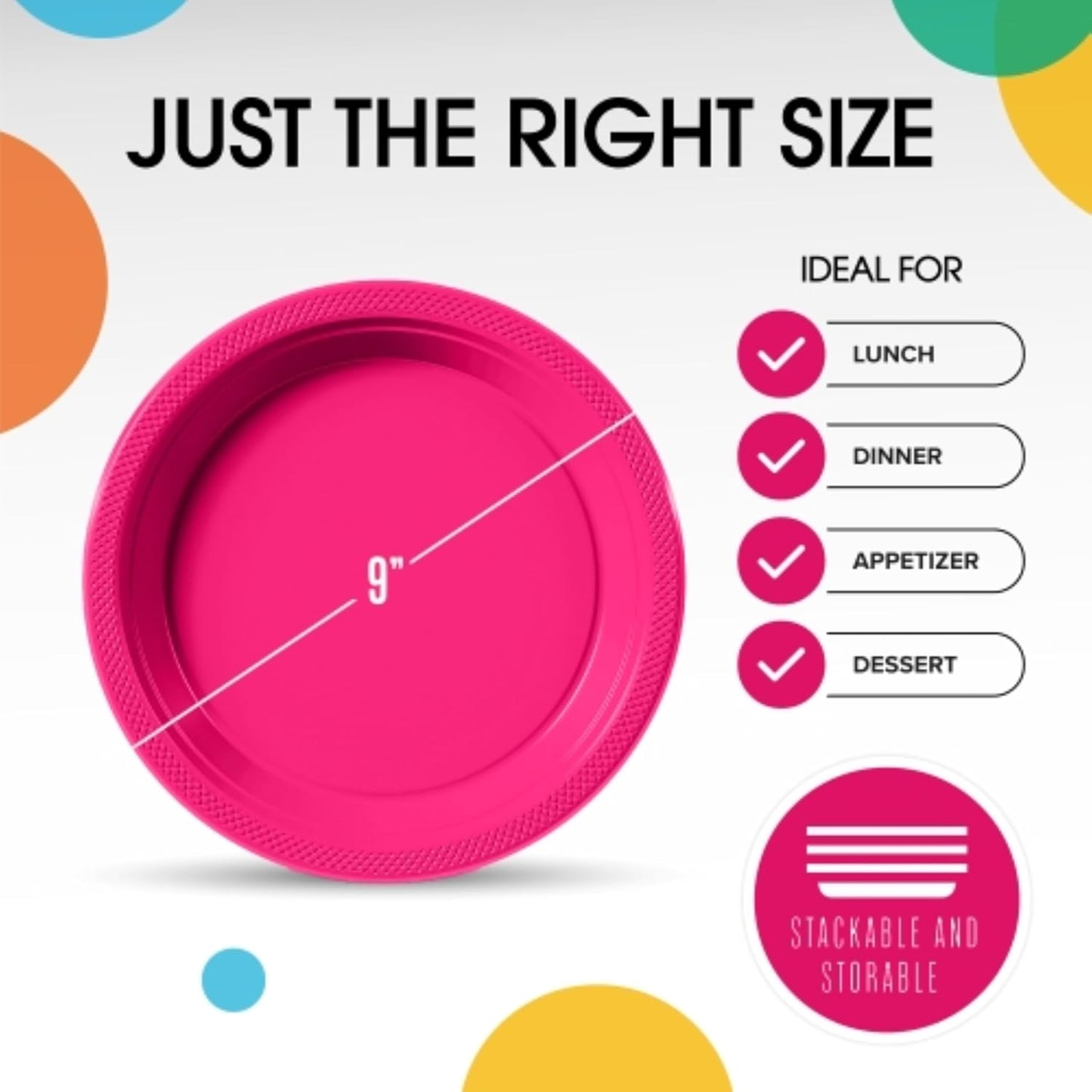Exquisite Party Solids Hot Pink Plastic Plates For Party 9" Hot Pink Disposable Plates Heavy Duty Supplies 100 Pcs Plastic Dinnerware Sets Heavy Duty 350 GSM Disposable Dinnerware Set