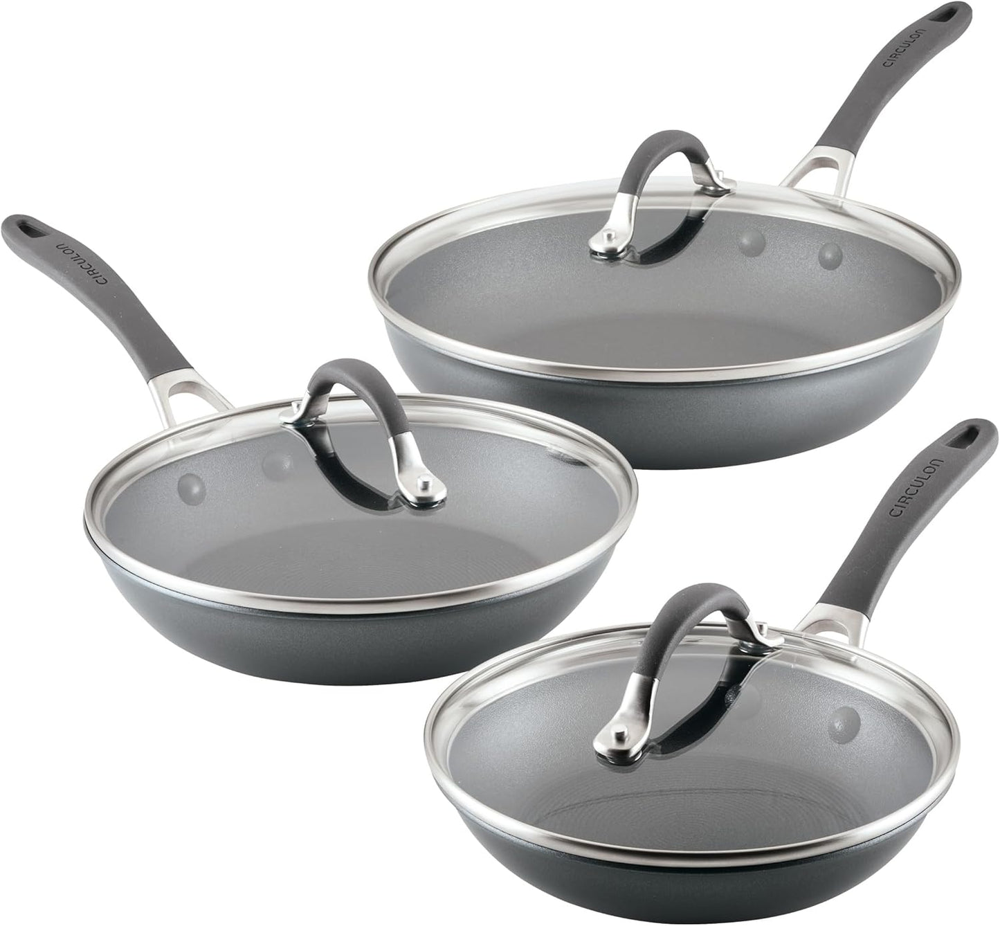 Circulon A1 Series with ScratchDefense Technology Nonstick Induction, Frying Pans/Skillets with Lids, Metal Utensil Safe, Skillet Set w/Lid (8.5", 10" & 12") - Graphite