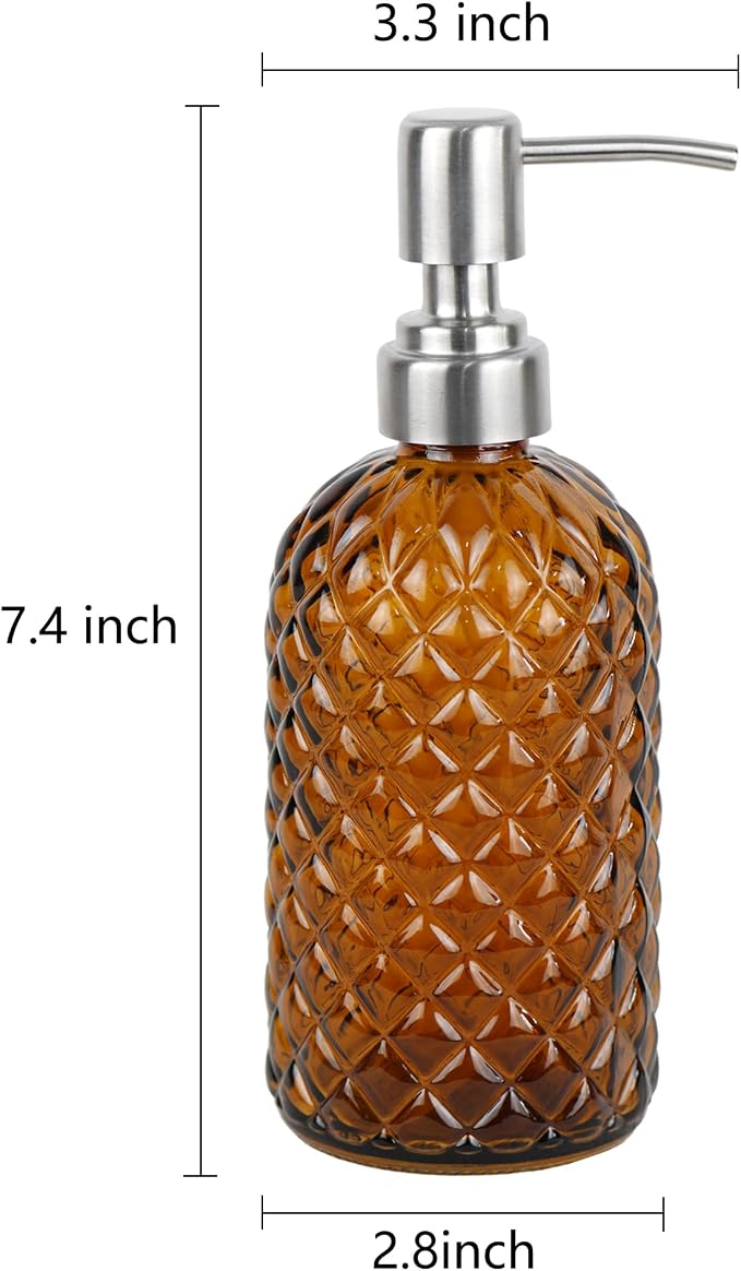 16 oz Diamond Pattern Glass Soap Dispenser, Kitchen and Bathroom Refillable - Image 3