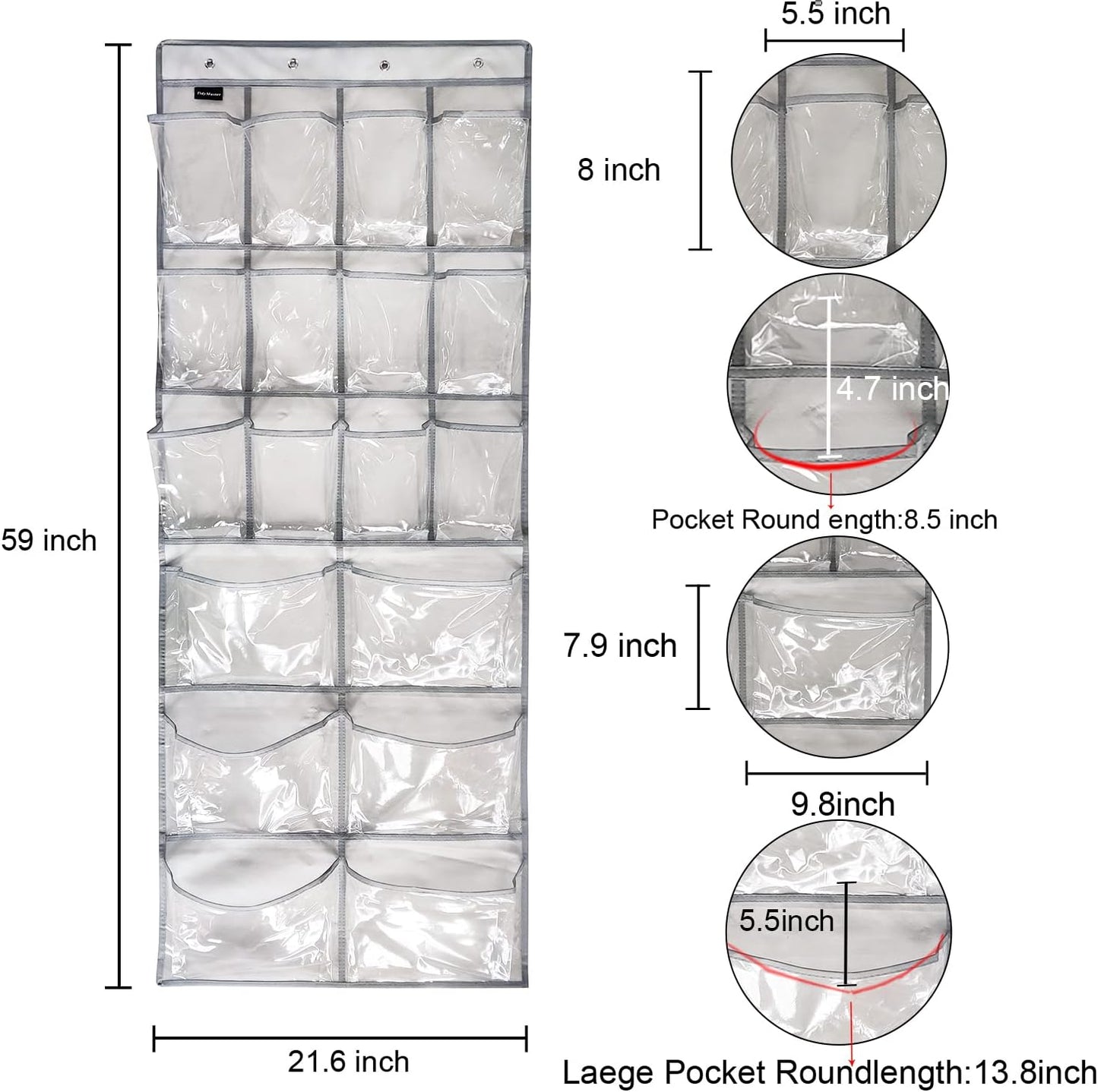 Extra Large Hanging Crystal Clear Over Door Shoe Organizer, Closet Shoe Rack with 12+6 Pockets, 8 Hooks, Grey (59"x 21.6")