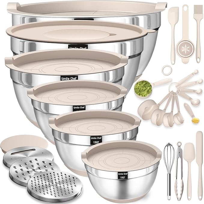 Mixing Bowls with Airtight Lids Set, Non-Slip Bottoms & Kitchen Gadgets Set by UmiteChef