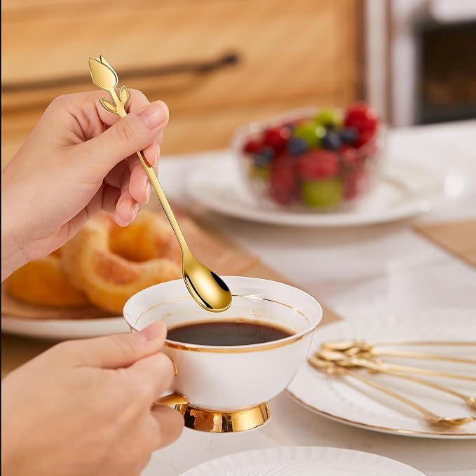 Gold Tulip/Rose Handle 12-Pcs Mini Coffee Spoons Set - Image 8