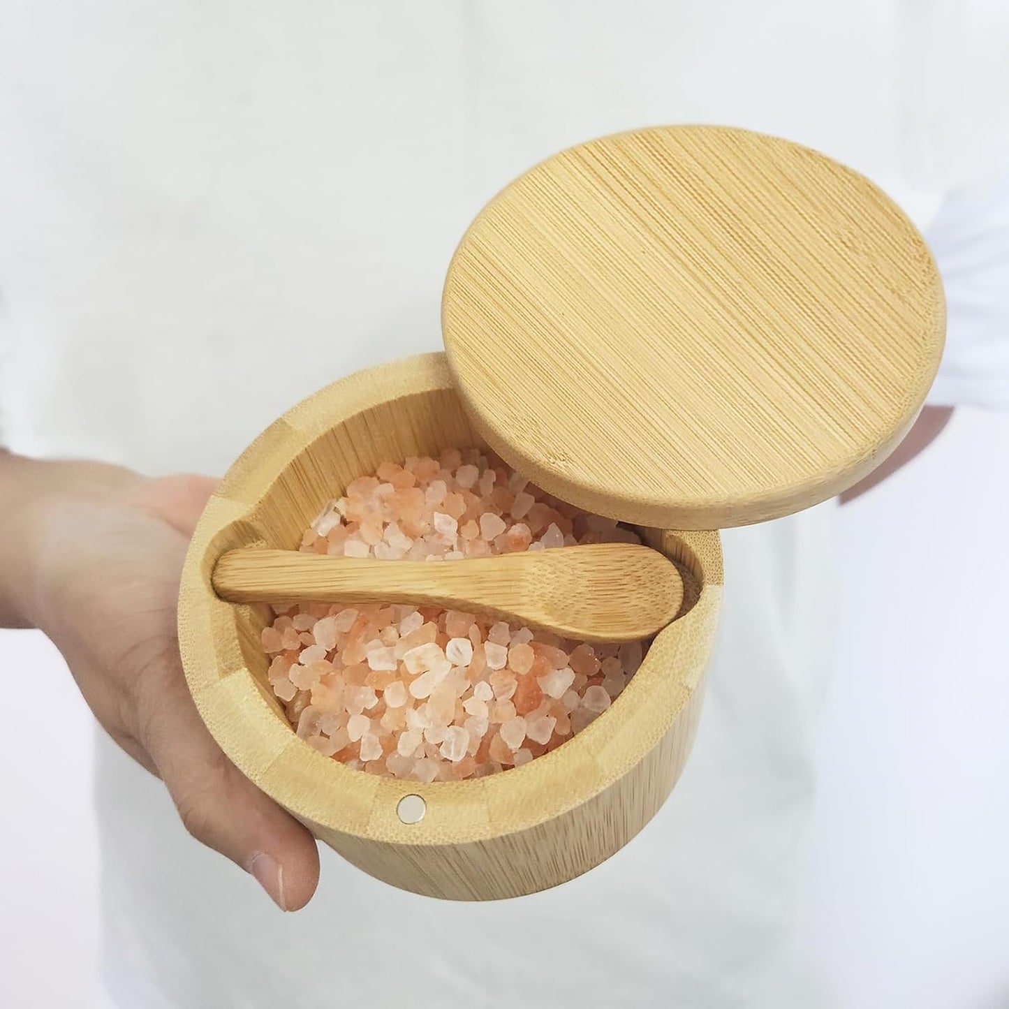 Salt Box with Lid and Spoon Bamboo Container Kitchen Spice Cellars with Swivel Lid Built in Spoon Salt Holder for Storage Sea Salt 12oz Capacity Large Keeper