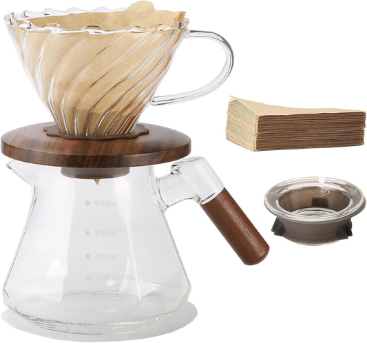 Pour Over Coffee Maker, 20 oz Borosilicate Glass Set with 100 pcs V60 Paper Filter, Coffee Dripper with Walnut Collar, Coffee Pot with Glass Lid, 1-3 Cups, Clear, (600 ml)